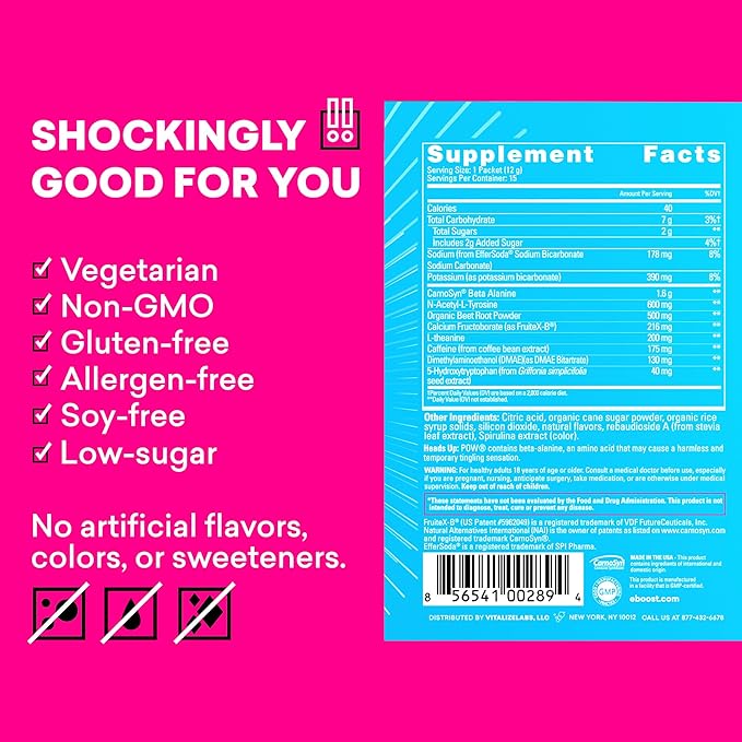 EBOOST POW Natural Pre Workout Powder – 15 Packets - Blue Raspberry - A Pre Workout Supplement for Performance, Joint Mobility Support, Energy, Focus - Men & Women - Non-GMO, Gluten-Free, No Creatine