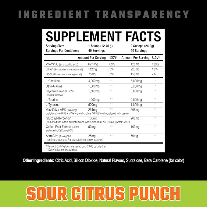 Axe & Sledge Supplements Hydraulic Stimulant-Free Pump Pre-Workout Powder, 40 Servings, (Pack of 1) (Sour Citrus Punch)