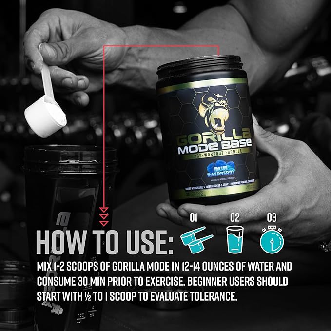 Gorilla Mode Base Pre Workout - Raises Nitric Oxide · Intense Focus & Drive · Endurance · Power - L-Citrulline, L-Tyrosine, Betaine, Alpha-GPC, Caffeine, Huperzine A - 360 Grams (Blue Raspberry)