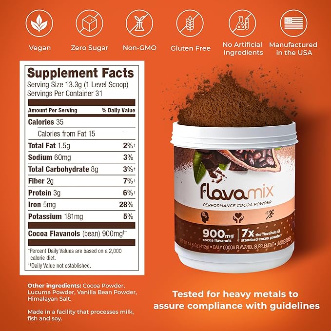 FlavaMix Performance Cocoa Powder | 900mg of Cocoa Flavanols | Promotes Heart & Brain Function | Boosts Nitric Oxide | Plant Based, Zero Sugar | 31 Servings