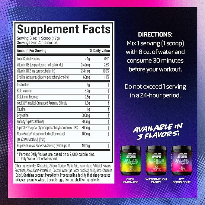 MuscleTech Pre Workout Powder EuphoriQ PreWorkout Smart Pre Workout Powder for Men & Women Caffeine Metabolite Fueled with Paraxanthine ICY Snow Cone (20 Servings)