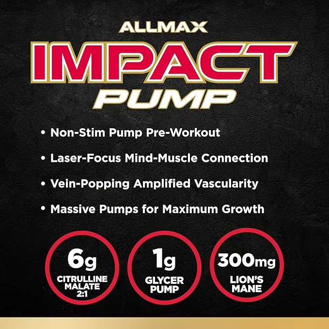 ALLMAX Impact Pump, Unflavored - 330 g - Stim-Free Pre-Workout Formula - Boosts Pumps & Mind-Muscle Connection - with Citrulline Malate & Lion’s Mane - Up to 30 Servings
