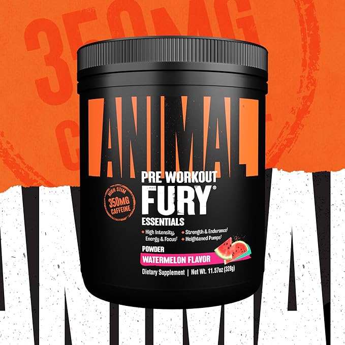 Animal Fury Pre Workout Powder - Energy and Focus Supplement with 5g BCAA, 350mg Caffeine Nitric Oxide Booster with Beta-Alanine, Preworkout for Men and Women, Watermelon Flavor, 20 Servings