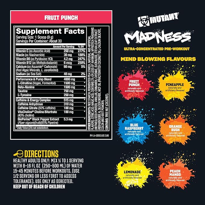 Mutant Madness | Pre Workout Powder Performance and Pump Blend Includes L-Citrulline, Beta-Alanine, Taurine, L-Tyrosine | 270G (9.52 OZ) 30 Serving | Fruit Punch