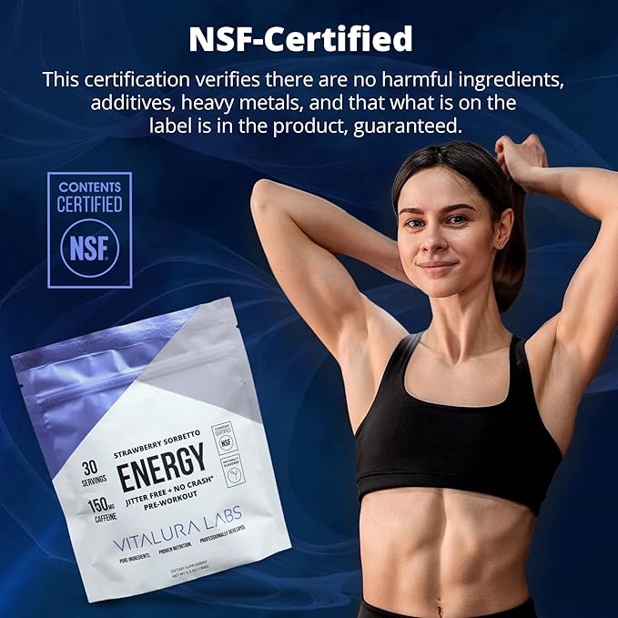 Vitalura Labs Pre-Workout Powder - Caffeine, Theacrine, Rhodiola & L-Theanine for Energy & Endurance - NSF Content Certified - Strawberry Sorbetto Flavored - 30 Servings