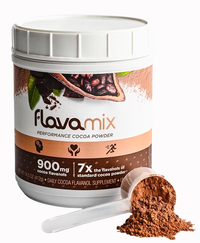 FlavaMix Performance Cocoa Powder | 900mg of Cocoa Flavanols | Promotes Heart & Brain Function | Boosts Nitric Oxide | Plant Based, Zero Sugar | 31 Servings