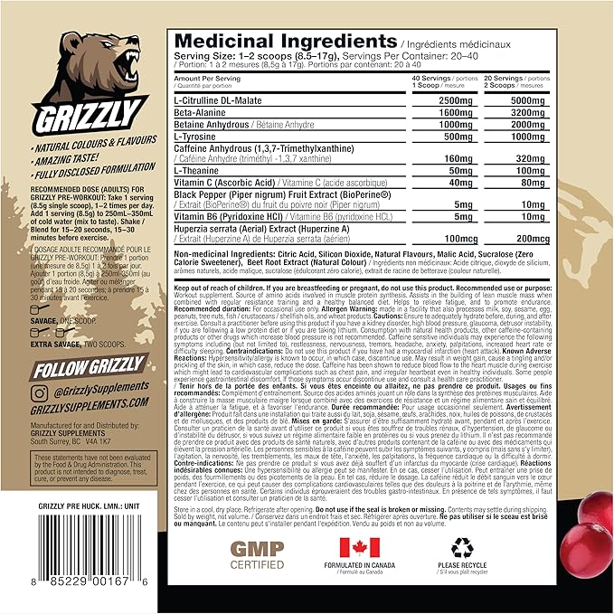 GRIZZLY Pre Workout Powder for Men & Women - Essential Aminos L-Citrulline & Beta Alanine Plus Caffeine - Preworkout Energy Drink Mix for Intense Power Focus & Pump, Huckleberry Lemonade - 40 Servings