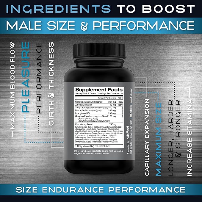 Livalis- Male Size Expansion Pills- Enlargement Formula for Men- Extend in Length, Thickness and Girth- 3+ inches in 90 Days Reported - Performance and Stamina Multiplier 60 ct