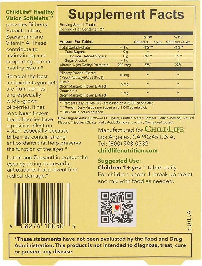 CHILDLIFE ESSENTIALS Healthy Vision SoftMelts - Eye Vitamins for Kids, Lutein Gummies, Lutein and Zeaxanthin Supplements, Eye Health Gummies, Lutein Children, Great Taste - Natural Berry, 27 Tablets