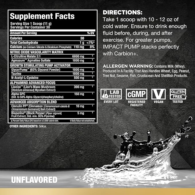 ALLMAX Impact Pump, Unflavored - 330 g - Stim-Free Pre-Workout Formula - Boosts Pumps & Mind-Muscle Connection - with Citrulline Malate & Lion’s Mane - Up to 30 Servings